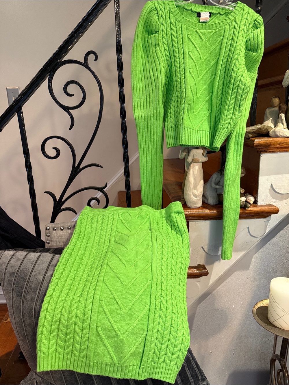 Fashion Nova Neon Green Cable-Knit cropped Sweater & Skirt Set